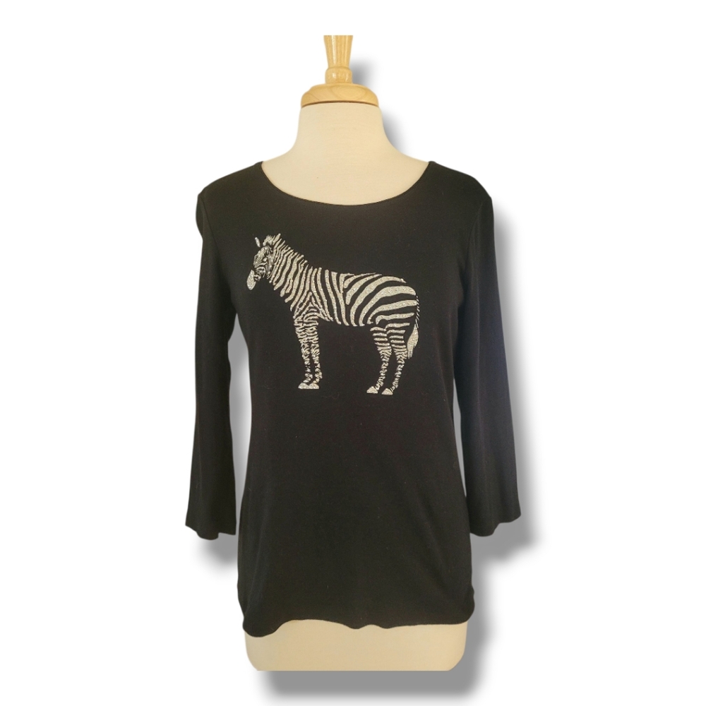 Karen Scott Zebra Embellished Round Neck 3/4 Sleeve Tunic. Size M